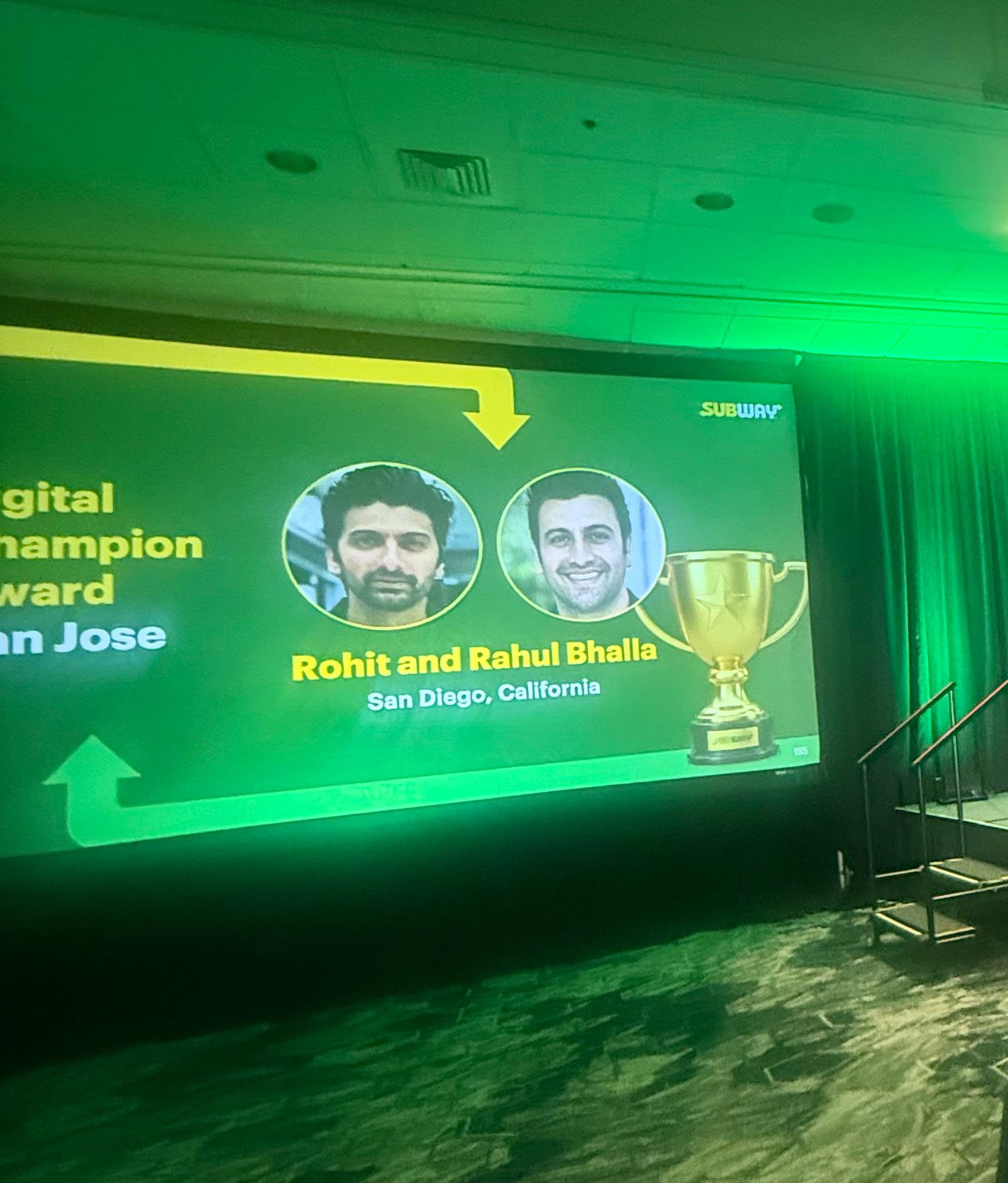 Subway Digital Champion Award screen — Rohit and Rahul Bhalla